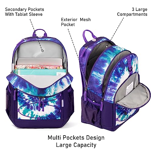 Choco Mocha Tie Dye Backpack for Teen Girls, Travel School Backpack for Girls Middle School Large Bookbag 18 Inch, Purple