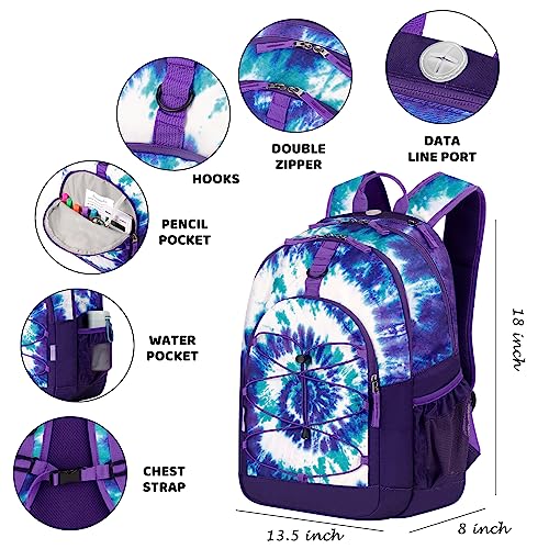 Choco Mocha Tie Dye Backpack for Teen Girls, Travel School Backpack for Girls Middle School Large Bookbag 18 Inch, Purple