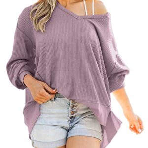 ASTANFY Womens Long Sleeve Sweatshirts Waffle Knit Shirts V Neck Solid Color Pullover Casual Loose Fit Tunic Tops Purple