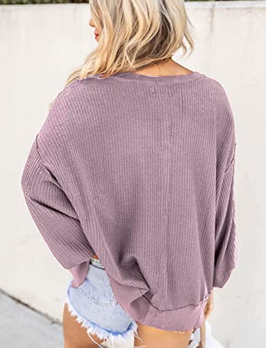 ASTANFY Womens Long Sleeve Sweatshirts Waffle Knit Shirts V Neck Solid Color Pullover Casual Loose Fit Tunic Tops Purple