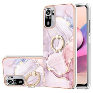 dinglijia for redmi note 10 4g case, note 10s case, soft tpu + imd marble pattern shiny ring kickstand case for girls and women, camera and screen protection case for redmi note 10 4g bkzh rose gold