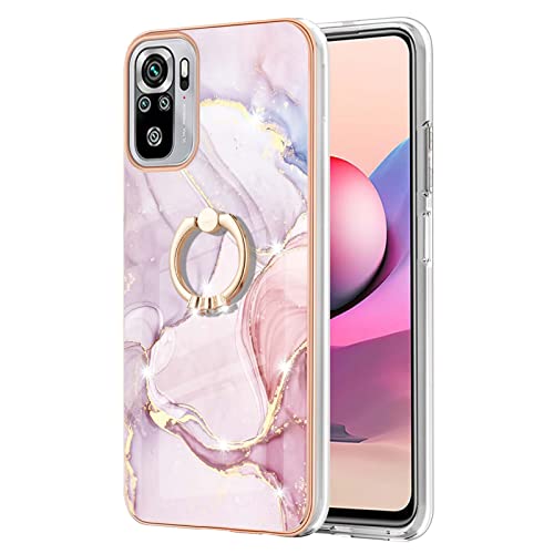 Dinglijia for Redmi Note 10 4G Case, Note 10S Case, Soft TPU + IMD Marble Pattern Shiny Ring Kickstand Case for Girls and Women, Camera and Screen Protection Case for Redmi Note 10 4G BKZH Rose Gold