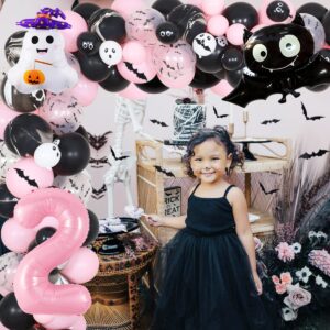 Halloween 2nd Birthday Decorations for Girl Black Pink White BOO IM TWO Balloon Garland Arch Kit Bat Ghost Number 2 Balloons with 3D Bat Wall Stickers Halloween Spooky Second Birthday Supplies