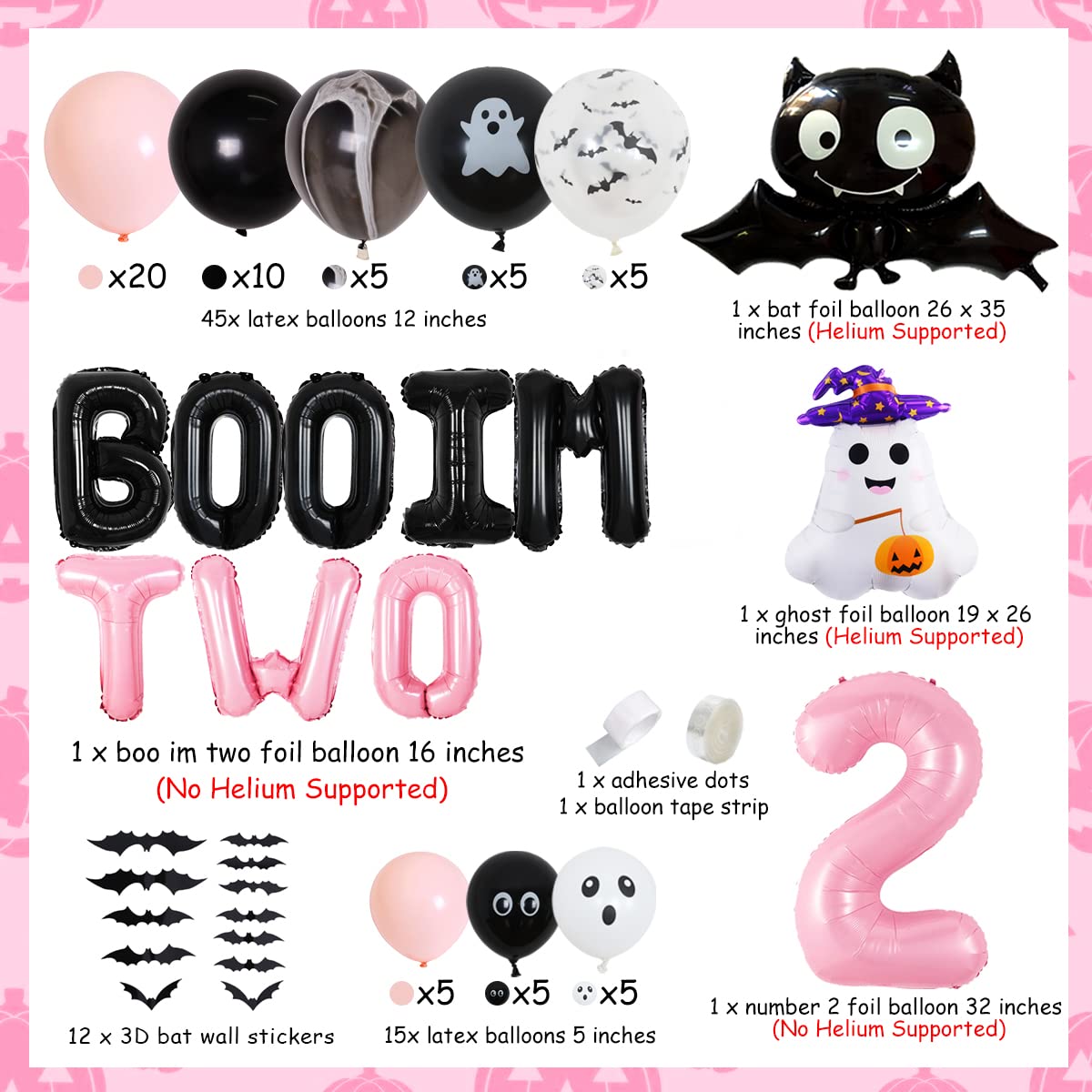 Halloween 2nd Birthday Decorations for Girl Black Pink White BOO IM TWO Balloon Garland Arch Kit Bat Ghost Number 2 Balloons with 3D Bat Wall Stickers Halloween Spooky Second Birthday Supplies