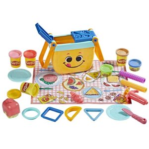 play-doh picnic shapes starter set, preschool toys for 3 year old girls & boys, play food, 12 tools & 6 modeling compound colors, frustration free packaging