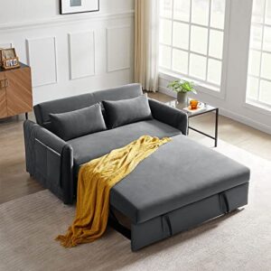 antetek convertible sleeper sofa bed, 3 in 1 velvet loveseat sleeper sofa couch with pull out bed, small love seat with adjustable backrest, lumbar pillows & side pocket for living room, grey, 55"