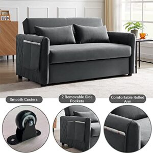 Antetek Convertible Sleeper Sofa Bed, 3 in 1 Velvet Loveseat Sleeper Sofa Couch with Pull Out Bed, Small Love seat with Adjustable Backrest, Lumbar Pillows & Side Pocket for Living Room, Grey, 55"