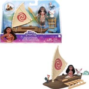 mattel disney princess moana small doll & boat playset with floating boat vehicle & 2 character friends, from disney movie