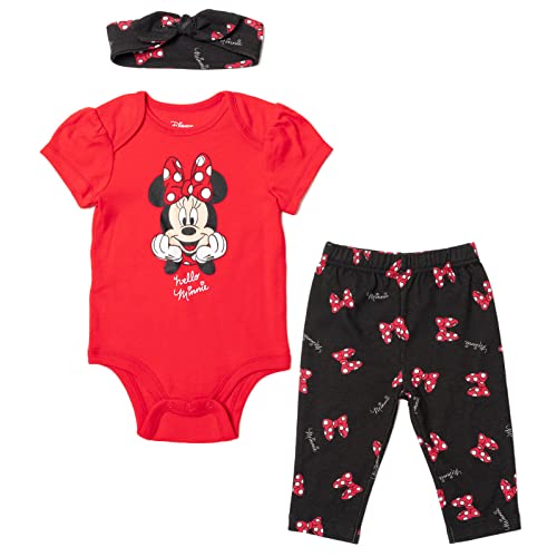 Disney Minnie Mouse Newborn Baby Girls Bodysuit Pants and Headband 3 Piece Outfit Set Black/Red 0-3 Months