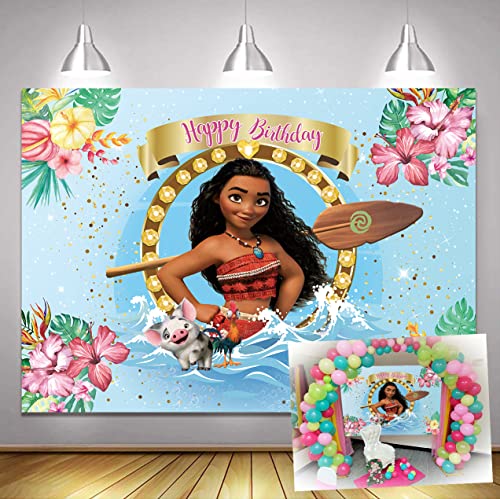 Summer Beach Baby Moana Theme Backdrops Pink Flowers Blue Water Girls 1St Birthday Party Background Baby Shower Moana Cake Table Decoration Banner Photo Studio Props (5x3ft)