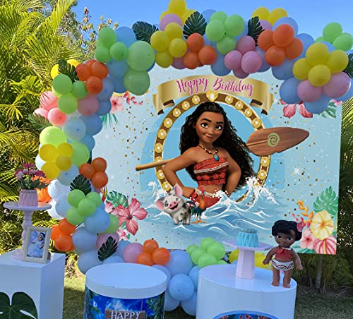 Summer Beach Baby Moana Theme Backdrops Pink Flowers Blue Water Girls 1St Birthday Party Background Baby Shower Moana Cake Table Decoration Banner Photo Studio Props (5x3ft)