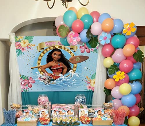 Summer Beach Baby Moana Theme Backdrops Pink Flowers Blue Water Girls 1St Birthday Party Background Baby Shower Moana Cake Table Decoration Banner Photo Studio Props (5x3ft)