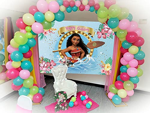 Summer Beach Baby Moana Theme Backdrops Pink Flowers Blue Water Girls 1St Birthday Party Background Baby Shower Moana Cake Table Decoration Banner Photo Studio Props (5x3ft)