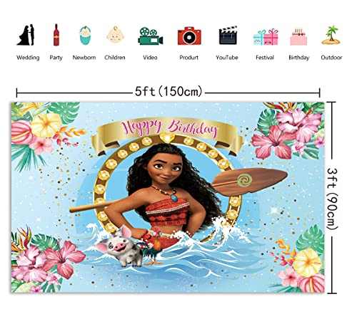 Summer Beach Baby Moana Theme Backdrops Pink Flowers Blue Water Girls 1St Birthday Party Background Baby Shower Moana Cake Table Decoration Banner Photo Studio Props (5x3ft)