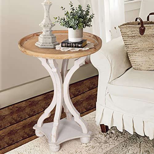 OneSpruce Farmhouse End Tables Living Room, White Accent Table with Wood Pedestal, Round Side Table for Home, Dining or Living Room, Bedroom