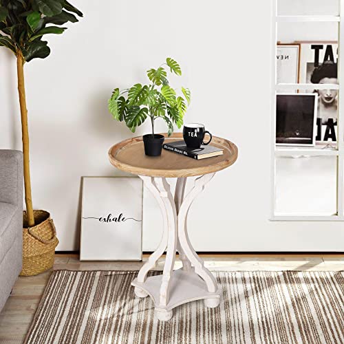 OneSpruce Farmhouse End Tables Living Room, White Accent Table with Wood Pedestal, Round Side Table for Home, Dining or Living Room, Bedroom