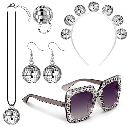 5 Pcs 1970s Disco Accessories Women Costume Disco Set Disco Ball Earrings Headband Ring and Sunglasses and Other Accessories (Stylish Style)