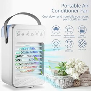 Portable Air Conditioner Fan, Small Air Conditioner Household Cooling Spray Fan-4 Fan Speeds, Multiple Light Colors， Duration 8h, USB Desktop Cooling Fan for Home, Bedroom, Indoor, and Office