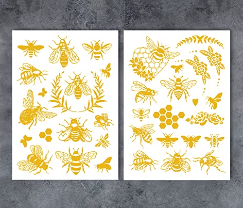 GSS Designs 2 Sheets Gold Bee Rub On Transfers for Furniture Ceramic Crafts Wood Scrapbook Card Making 8.3x11.7Inch Metallic Bee Stickers Transfers for Crafts DIY