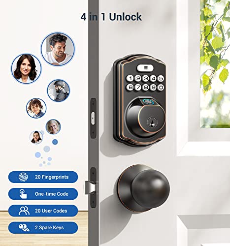 Veise Fingerprint Door Lock, Keyless Entry Door Lock, Electronic Keypad Deadbolt with Keys, Biometric Smart Locks for Front Door, Auto Lock, Anti-Peeking Password, Easy Installation, Oil Rubbed Bronze