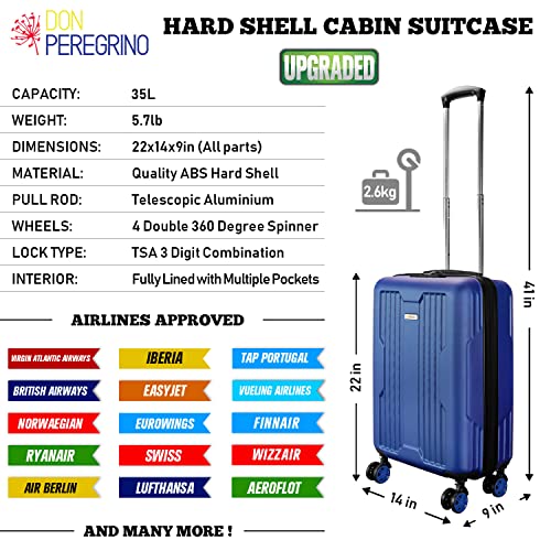 DON PEREGRINO Carry on Luggage 22x14x9 Airline Approved Suitcase with TSA Lock & USB Charger, Hardside Carry on Suitcase with 4 Double Wheels, 5.7lb Lightweight Maletas de Viaje