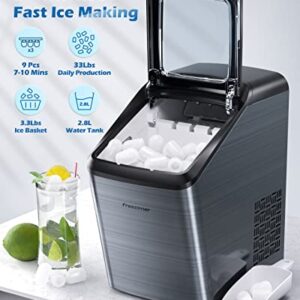 Freezimer DreamiceX1| Ice Makers Countertop Self-Cleaning, Portable Ice Maker Machine Countertop, 9 Cubes Ready in 7-10 Mins, 2 Size Ice Cubes Bullet Ice Machine | 33lbs/24h Silver