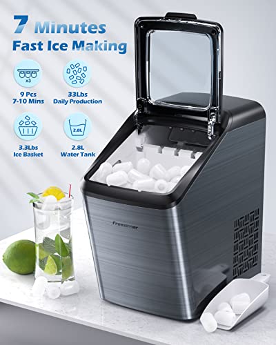 Freezimer DreamiceX1| Ice Makers Countertop Self-Cleaning, Portable Ice Maker Machine Countertop, 9 Cubes Ready in 7-10 Mins, 2 Size Ice Cubes Bullet Ice Machine | 33lbs/24h Silver