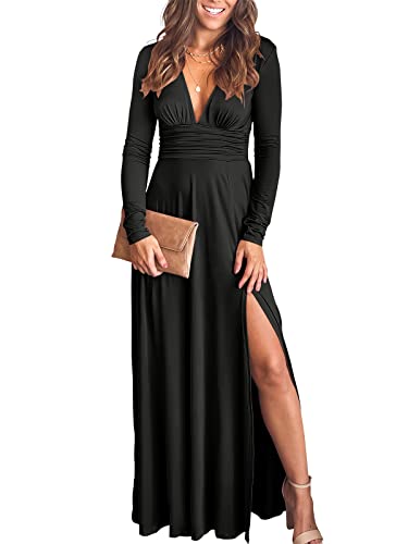 ANRABESS Women's Long Sleeve Sexy Deep V Neck High Waist Slit Cocktail Party Evening Maxi Dress Semi Formal Wedding Guest Prom Dresses 2023 Elegant Graduation Dress 586-hei-XL