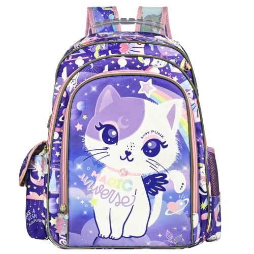 Girls Backpack 16 Inch Cute Cat Backpack for Girls Elementary Kindergarten Kids Backpacks for Girls Kawaii Light Purple Backpack Large Capacity with Lots of Pockets