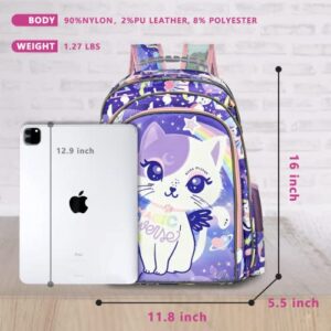 Girls Backpack 16 Inch Cute Cat Backpack for Girls Elementary Kindergarten Kids Backpacks for Girls Kawaii Light Purple Backpack Large Capacity with Lots of Pockets