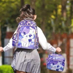 Girls Backpack 16 Inch Cute Cat Backpack for Girls Elementary Kindergarten Kids Backpacks for Girls Kawaii Light Purple Backpack Large Capacity with Lots of Pockets