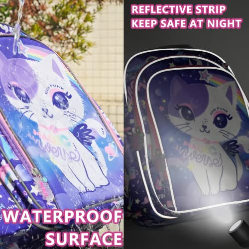 Girls Backpack 16 Inch Cute Cat Backpack for Girls Elementary Kindergarten Kids Backpacks for Girls Kawaii Light Purple Backpack Large Capacity with Lots of Pockets