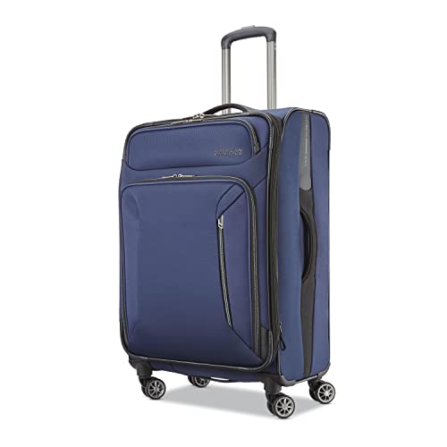 AMERICAN TOURISTER Zoom Softside Luggage with Spinner Wheels (Navy, Checked-Medium 25-Inch)