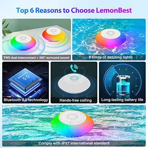 Bluetooth Speakers with Colorful Lights - Portable Pool Speaker IPX7 Waterproof Floating with 8 Modes - Built-in Mic HD Stereo Sound Hands-Free Wireless Hot Tub Speaker for Shower Home Outdoor