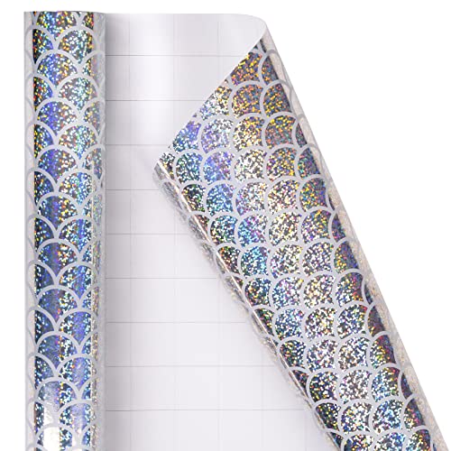 LeZakaa Silver Holographic Wrapping Paper - Mini Roll - Scales Print for Birthday, Holiday, Christmas - 17 17.32 Inch x 32.8 Feet (46.25 sq.ft.)