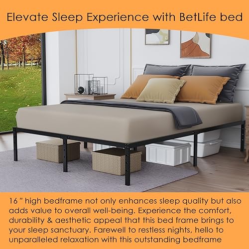 BetLife California King Size Bed Frame with Stronger Steel Slat Support/ 16 Inch High Non- Slip Platform/Noise Free Mattress Foundation/No Box Spring Needed/Black