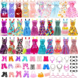 52 pcs fashion doll clothes and accessories for 11.5 inch girl doll include 16 pcs mini floral sequin dresses 36 different accessories shoes, handbags, glasses, necklace accessories for gril doll