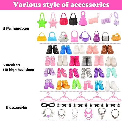 52 Pcs Fashion Doll Clothes and Accessories for 11.5 Inch Girl Doll Include 16 Pcs Mini Floral Sequin Dresses 36 Different Accessories Shoes, Handbags, Glasses, Necklace Accessories for Gril Doll