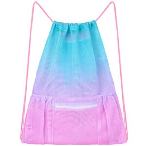 fiodrimy mesh drawstring backpack bag beach bag with zipper pocket gym backpack bag for swimming gear gym storage bag for adult kids (pink)