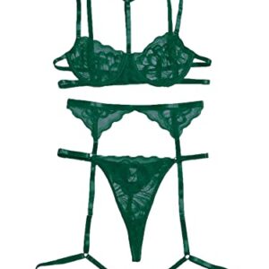 Lilosy Sexy Choker Floral Lace Scallop Sheer Underwire Push Up Garter Belt Lingerie Set for Women See Through Bra and Panty 3 Piece Army Green X-Small