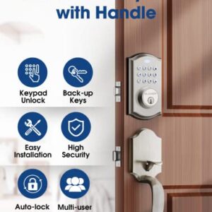 Keyless Entry Door Lock, Electronic Keypad Deadbolt with Handle, Auto Lock Front Door Handle Sets, Easy to Install, 50 User Codes, Security Waterproof Smart Locks for Front Door, Home/Hotel Use