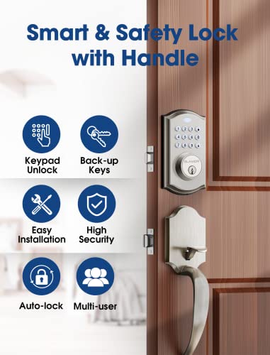 Keyless Entry Door Lock, Electronic Keypad Deadbolt with Handle, Auto Lock Front Door Handle Sets, Easy to Install, 50 User Codes, Security Waterproof Smart Locks for Front Door, Home/Hotel Use