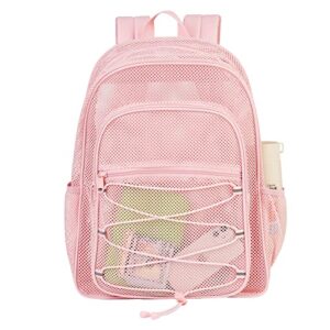 covax heavy duty mesh backpack, see through college mesh backpack, semi-transparent mesh bookbag with bungee and comfort padded straps for commuting, swimming, beach, outdoor sports (pink)