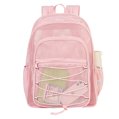 COVAX Heavy Duty Mesh Backpack, See Through College Mesh Backpack, Semi-transparent Mesh Bookbag with Bungee and Comfort Padded Straps for Commuting, Swimming, Beach, Outdoor Sports (Pink)