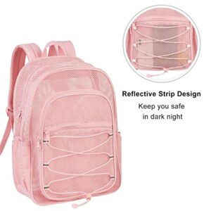 COVAX Heavy Duty Mesh Backpack, See Through College Mesh Backpack, Semi-transparent Mesh Bookbag with Bungee and Comfort Padded Straps for Commuting, Swimming, Beach, Outdoor Sports (Pink)