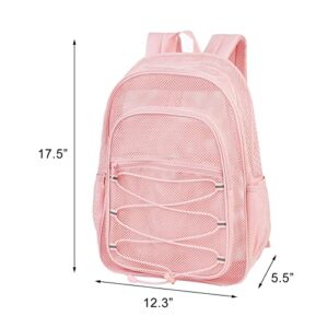 COVAX Heavy Duty Mesh Backpack, See Through College Mesh Backpack, Semi-transparent Mesh Bookbag with Bungee and Comfort Padded Straps for Commuting, Swimming, Beach, Outdoor Sports (Pink)