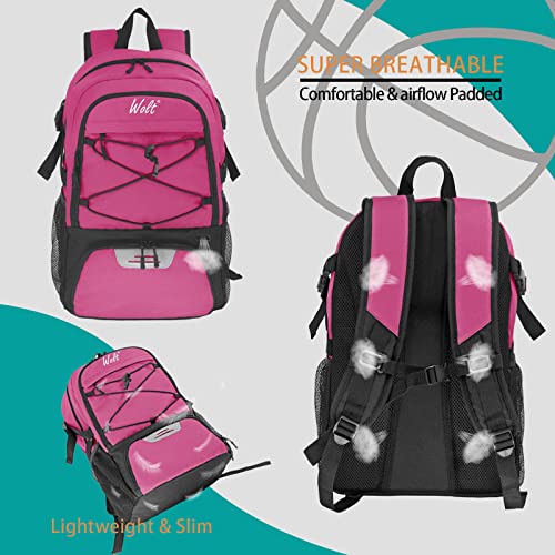 WOLT | Basketball Backpack Large Sports Bag with Separate Ball holder & Shoes compartment, Best for Basketball, Soccer, Volleyball, Swim, Gym, Travel (Pink)