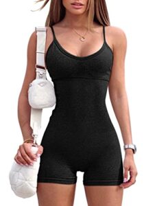 oqq women's yoga seamless one piece spaghetti strap tummy control padded sports romper bra jumpsuit, black, small