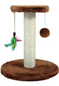 cat scratching post with premium natural sisal rope - cats scratch post indoor play for small kitten with dangling ball & feather toy covered with soft smooth plush fabric, stable cat stand (brown)