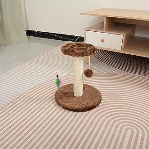 Cat Scratching Post with Premium Natural Sisal Rope - Cats Scratch Post Indoor Play for Small Kitten with Dangling Ball & Feather Toy Covered with Soft Smooth Plush Fabric, Stable Cat Stand (Brown)